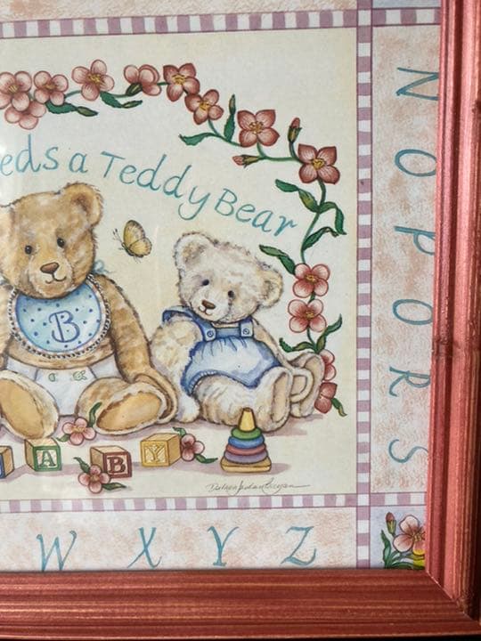 1990年代ものテディプリントアンティークピンク木製フレーム大型レアもの