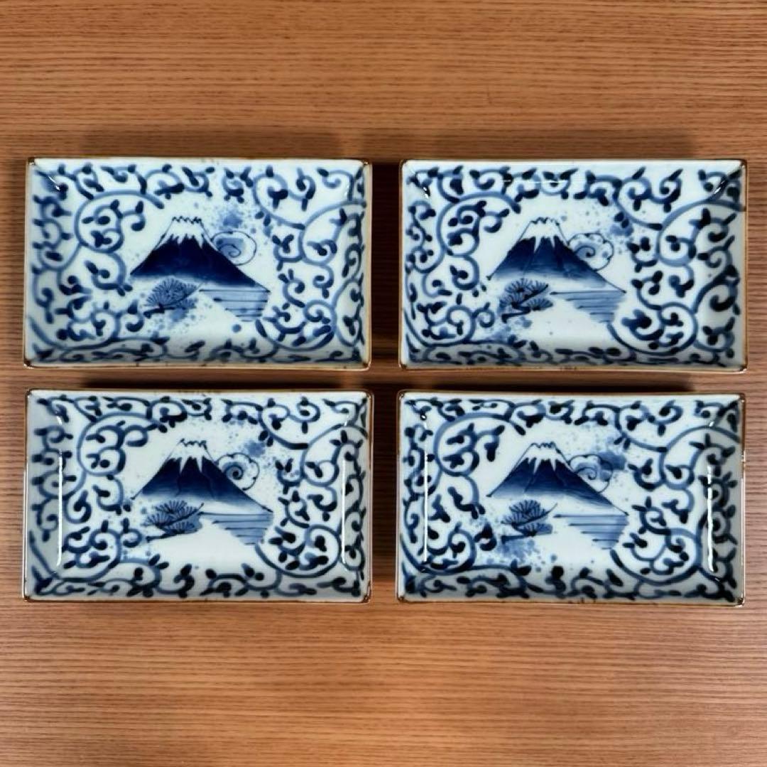 有田焼 福泉窯 染付蛸唐草富士山文 小焼物皿 4枚セット☆