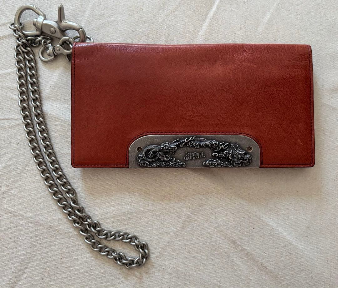 ジャンポールゴルチェ　ドラゴンメタルプレート　長財布　赤茶色