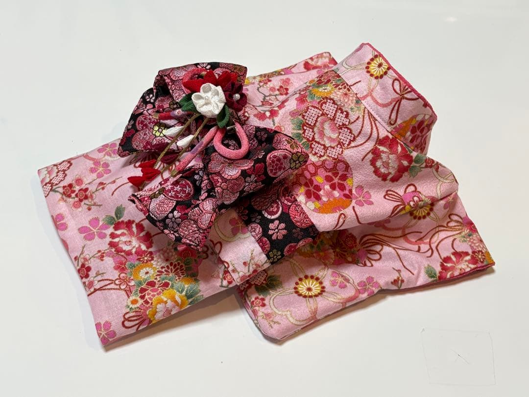 ★新作★完成品☆犬服☆つまみ細工帯飾り付き 犬用着物女の子用 華 ピンクSサイズ