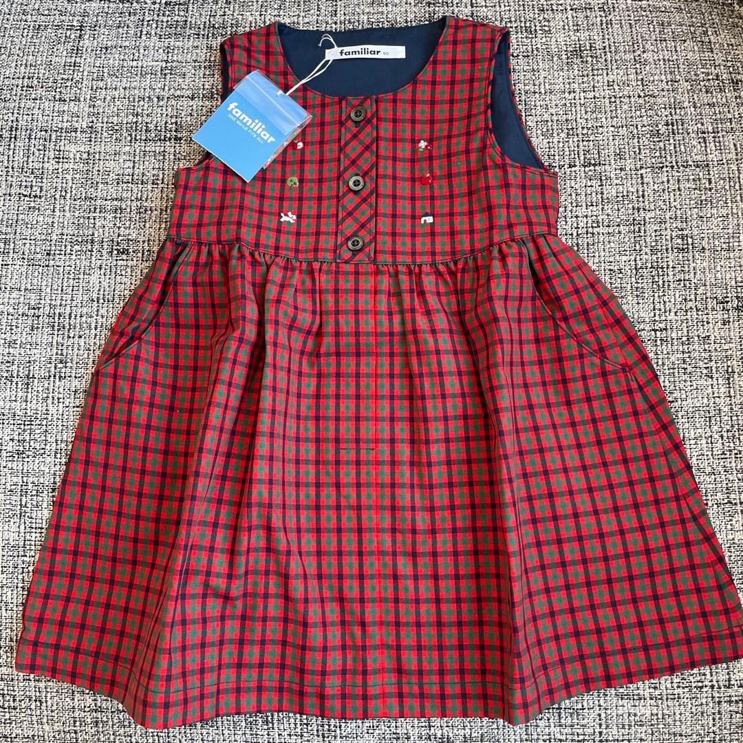 familiar 赤チェック ワンピース ジャンパースカート　90cm 新品タグ
