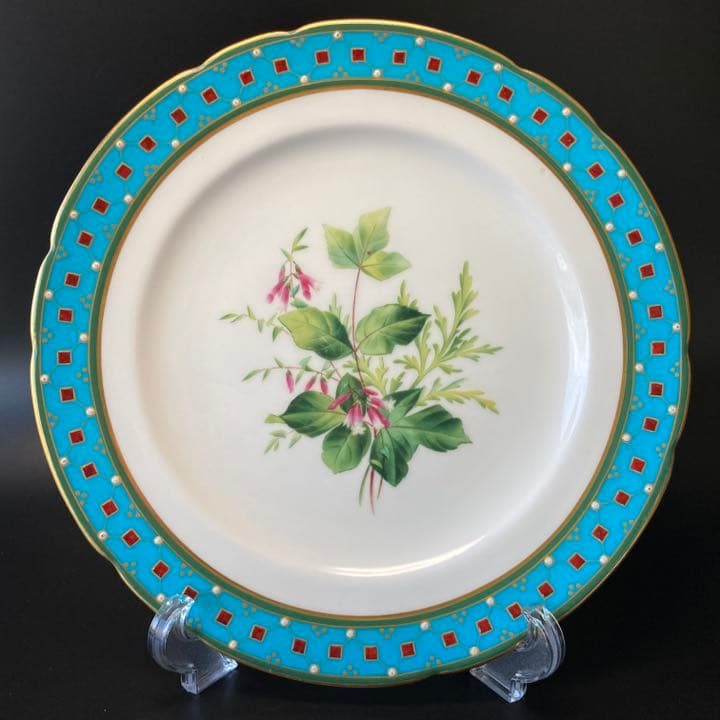 ミントン　ターコイズブルー　植物絵図飾皿　エナメル七宝金彩装飾　プレート　大皿