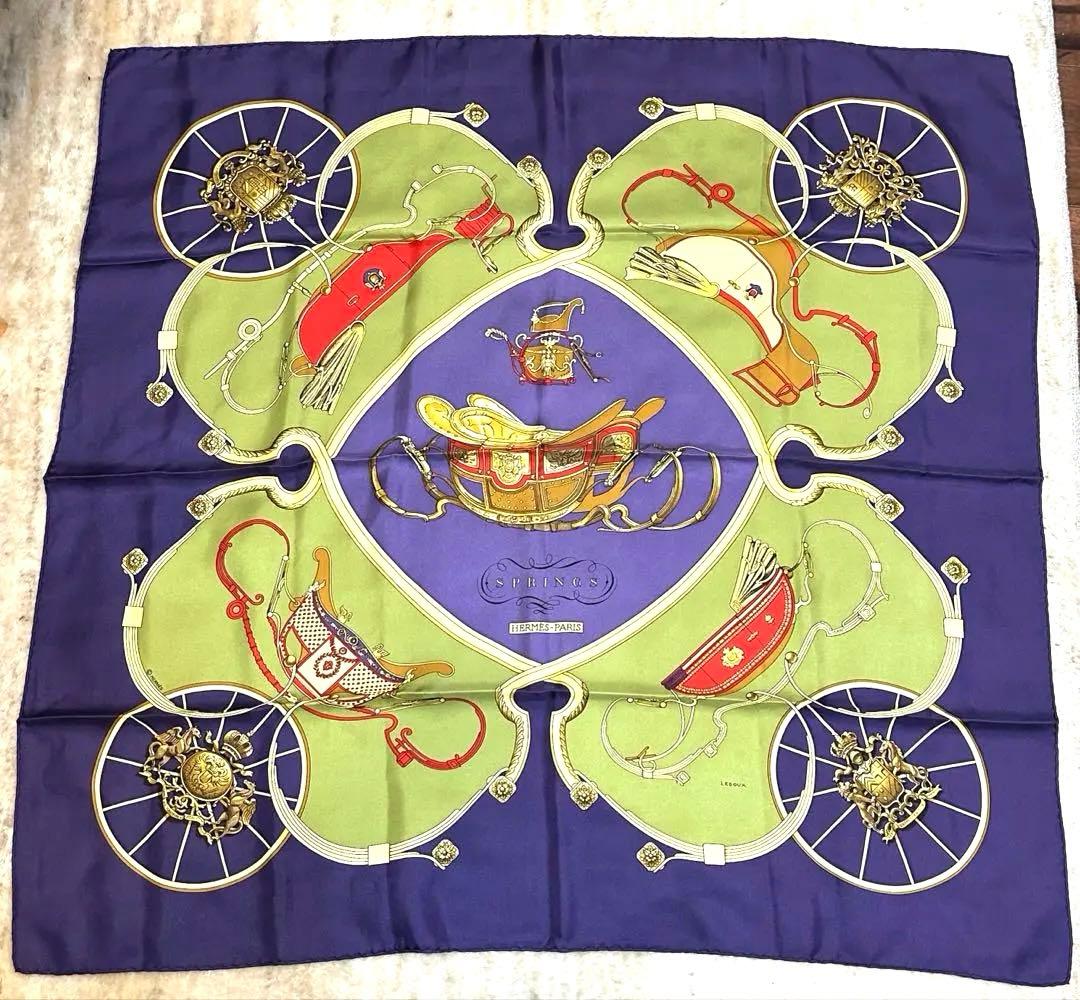 エルメス　スカーフ　カレ90　シルク　パープル　springs 馬車