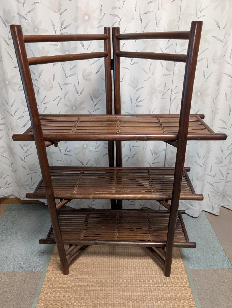 古家具　民芸　竹工芸　三段棚　折り畳み