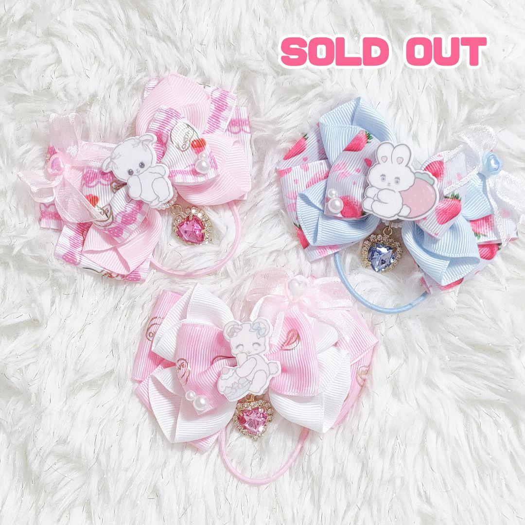 ハンドメイド★キッズリボン3個セット★大きめ★ピンク＆水色★揺れるビジュー付き