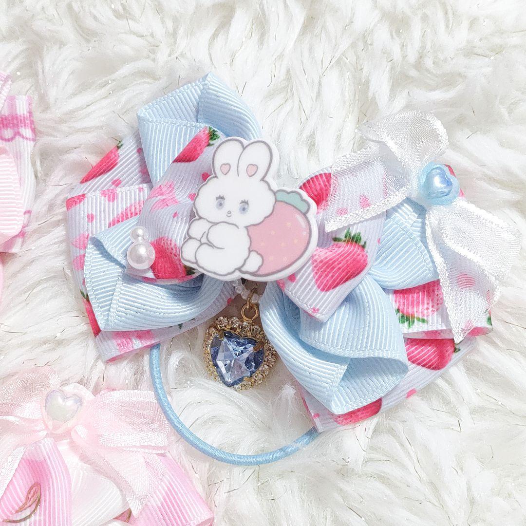 ハンドメイド★キッズリボン3個セット★大きめ★ピンク＆水色★揺れるビジュー付き