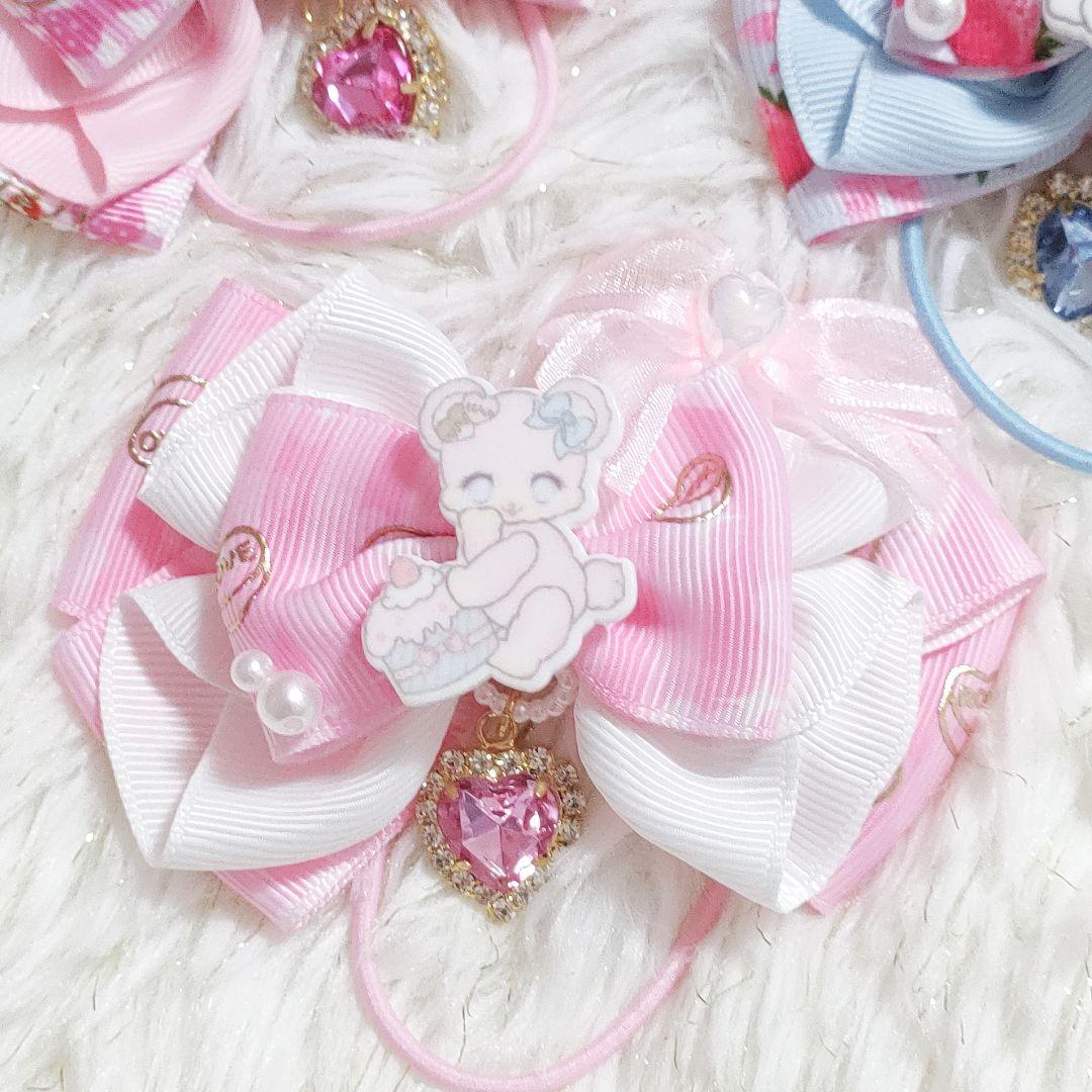 ハンドメイド★キッズリボン3個セット★大きめ★ピンク＆水色★揺れるビジュー付き