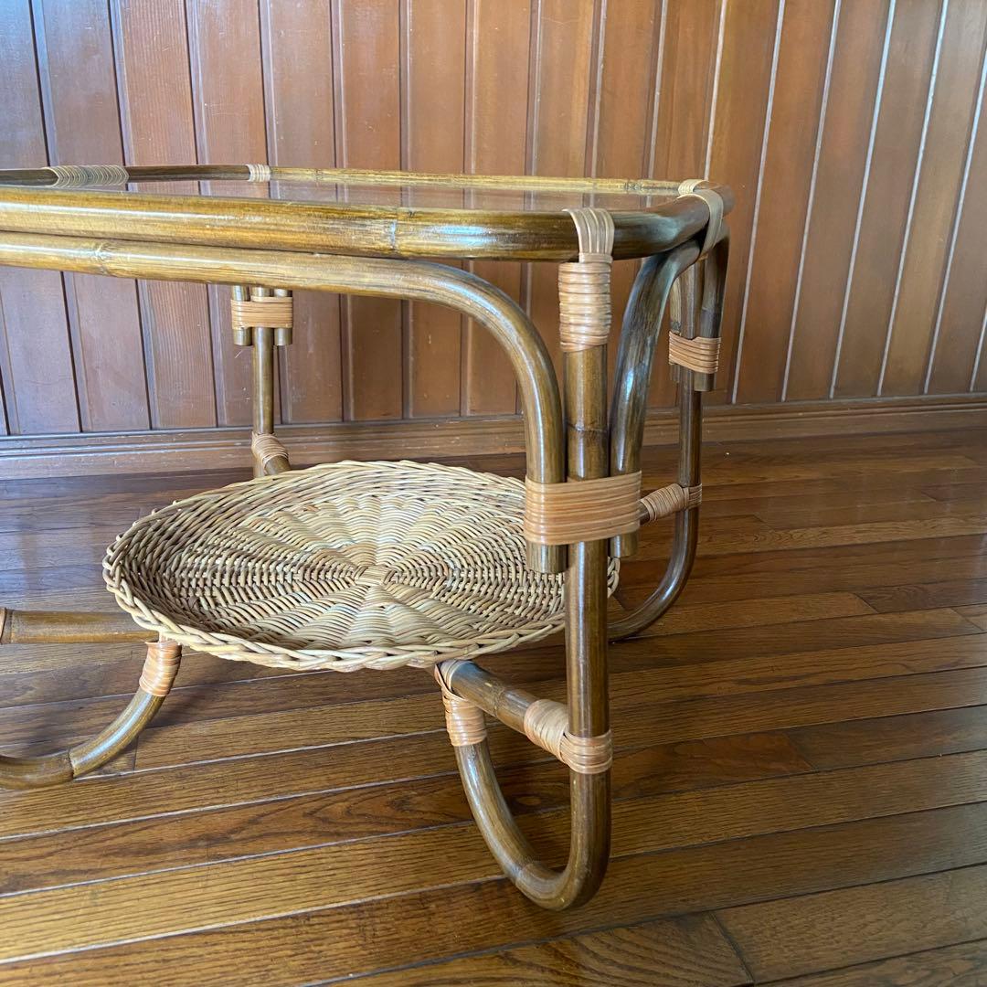 オールドラタン　サイドテーブル　ガラステーブル　籐家具　アンティーク家具