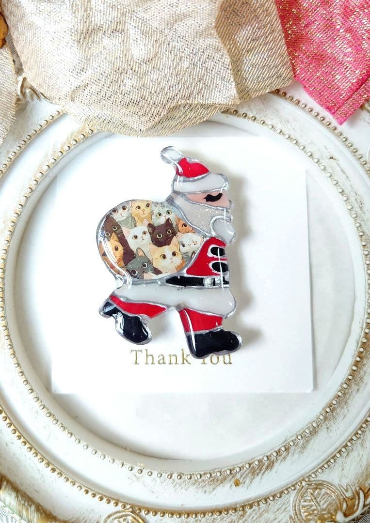 レジン　猫　サンタクロース　ヘアゴム　ブローチ　ポニーフック　No.339