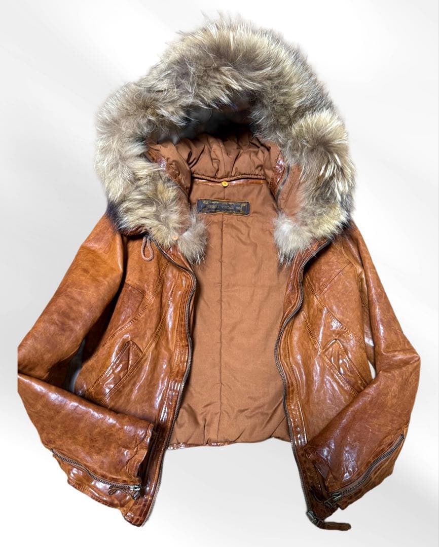 goaゴアビンテージ加工ラムレザージャケット ラクーンファー付きフード　キャメル