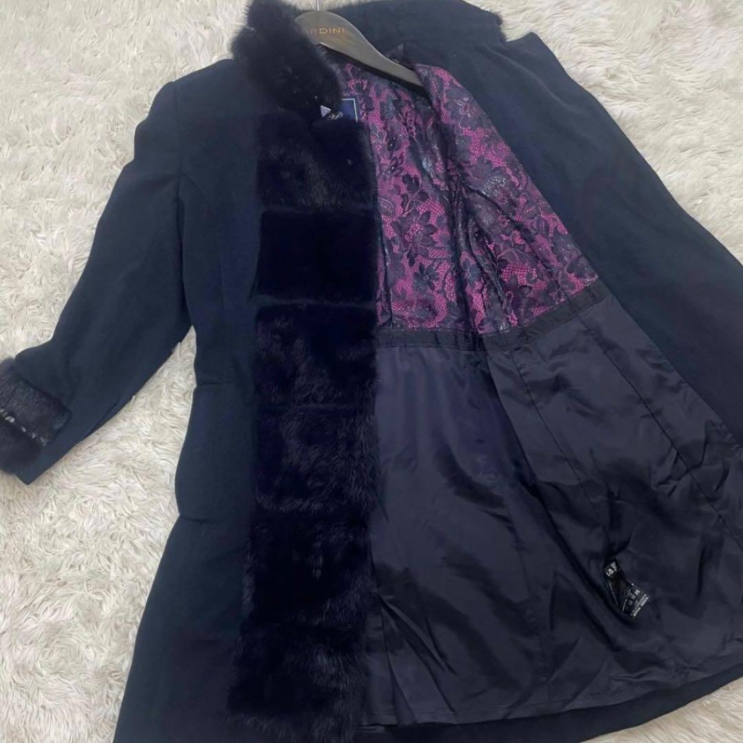 伊太利屋　カシミヤ混　コート　ミンク　リアルファー　ネイビー　美品　M