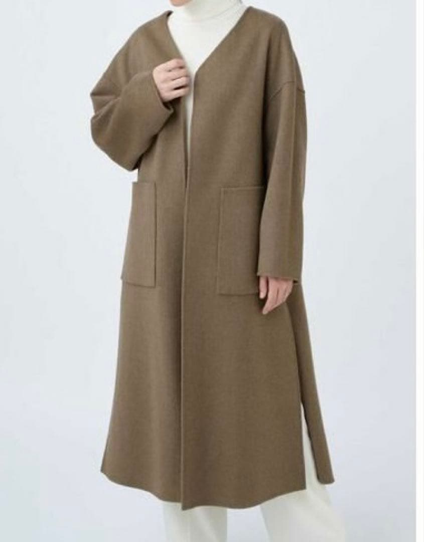 アドーア　ウール　カシミヤ　ノーカラー　リバー　コート　2トーン