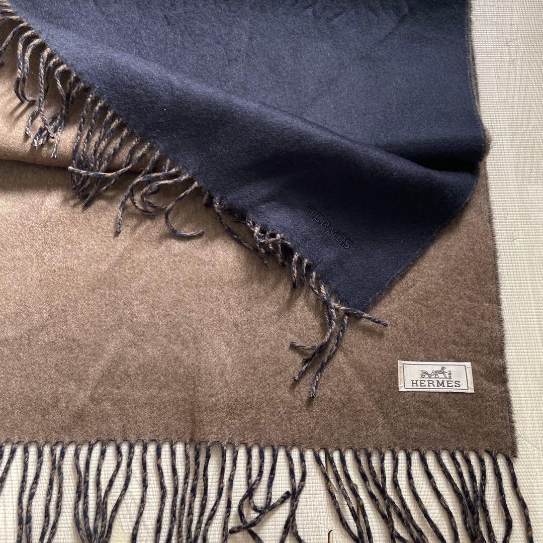 HERMES カシミヤ　リバーシブル　マフラー ネイビー ブラウン　未使用