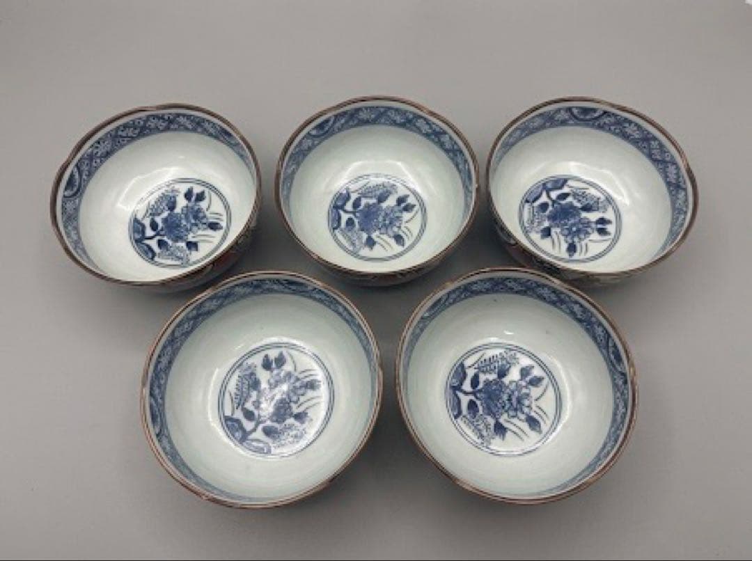 【極美品】有田焼 聖山窯 染付牡丹文 輪花鉢 5客セット 古伊万里様式 盛鉢