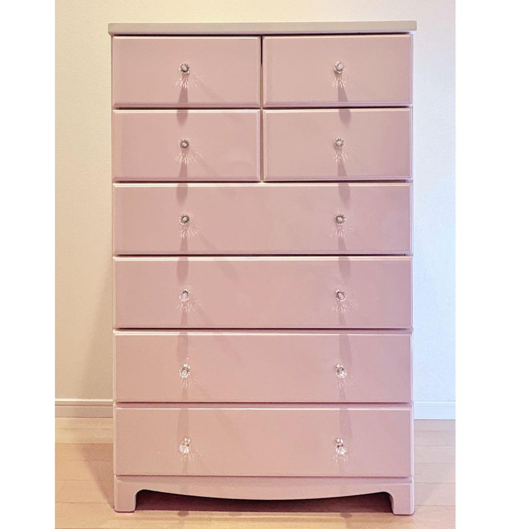 6段チェスト ピンク クリスタル取っ手 鏡面仕上げ