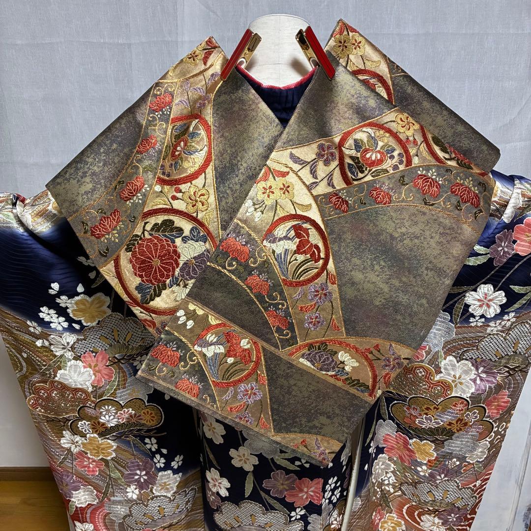 【振袖フルセット】+着付け小物フルセット豪華金彩 四季花文 流水文様 金駒刺繍