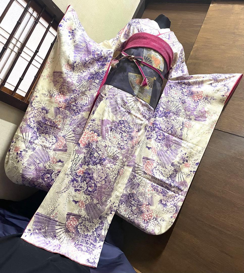 振袖 フルセット6点サイズS〜M 貝桶花文正絹袋帯唐織扇面御所車花文　金銀糸引箔