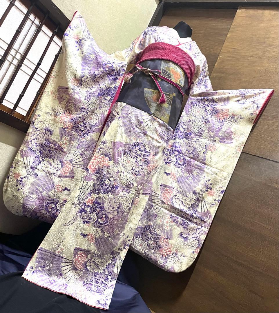 振袖 フルセット6点サイズS〜M 貝桶花文正絹袋帯唐織扇面御所車花文　金銀糸引箔