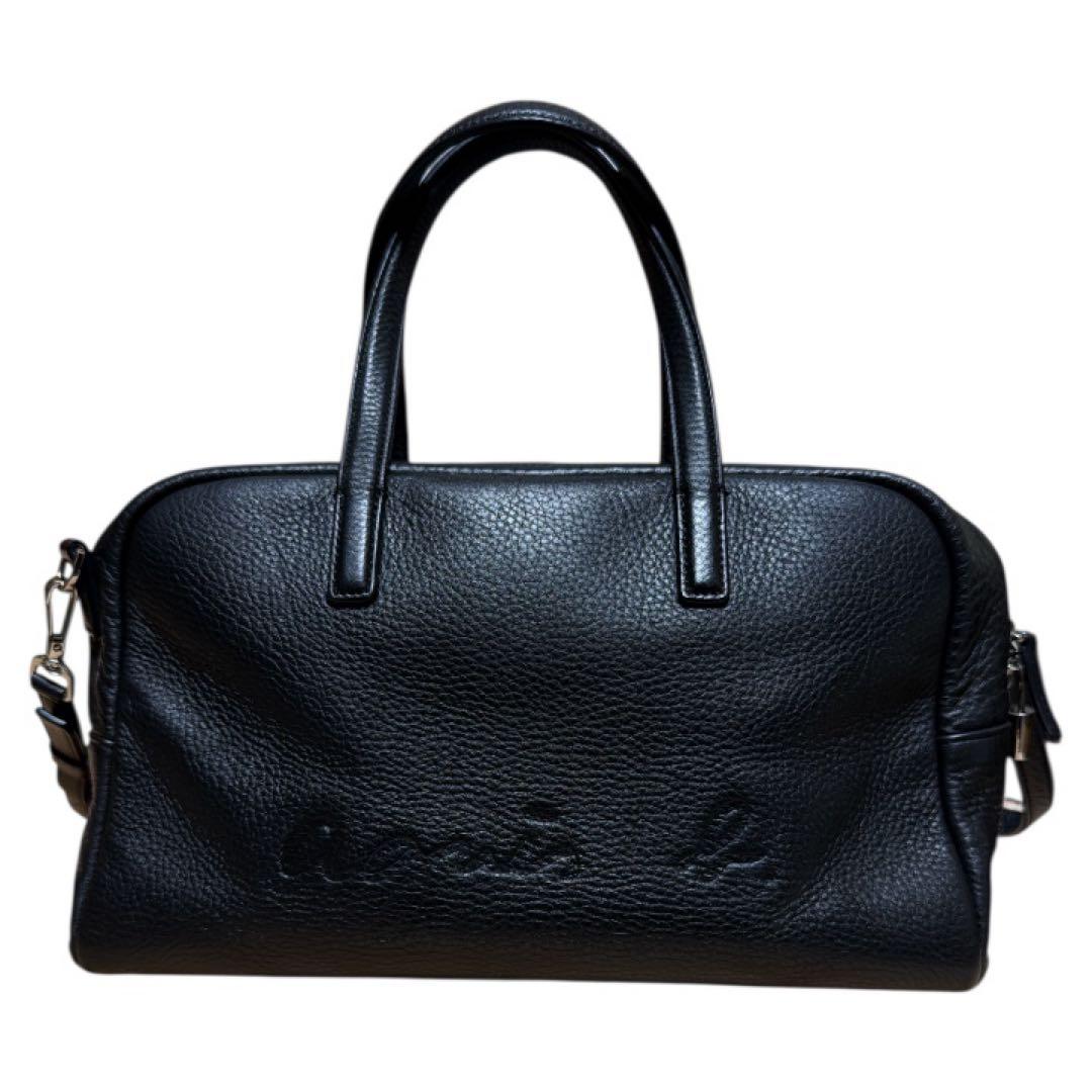 美品 agnes b 本革 2way ミニボストンバッグ エンボスロゴ ブラック