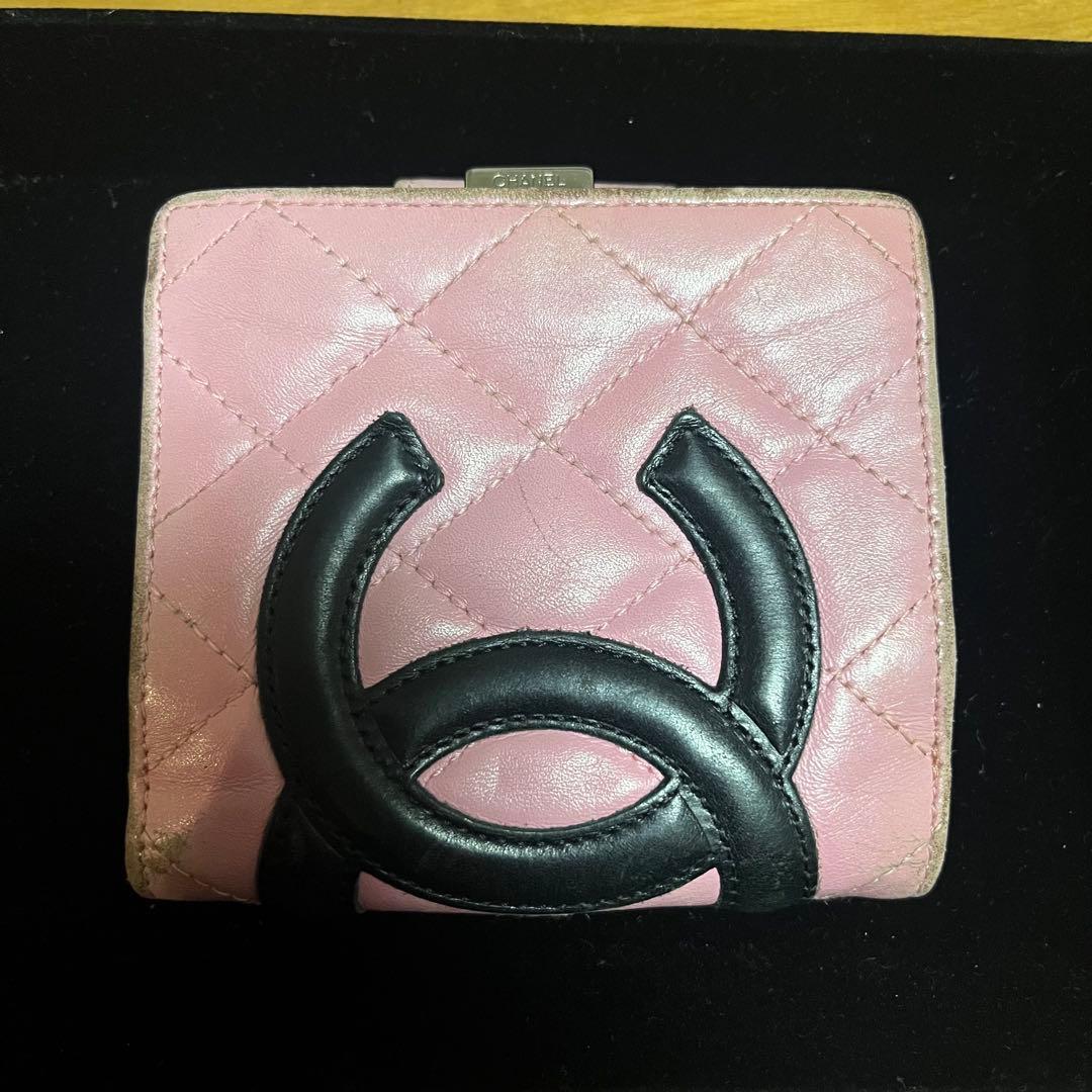CHANEL シャネル　カンボン　ラムスキン 二つ折り財布 ピンク　ブラック