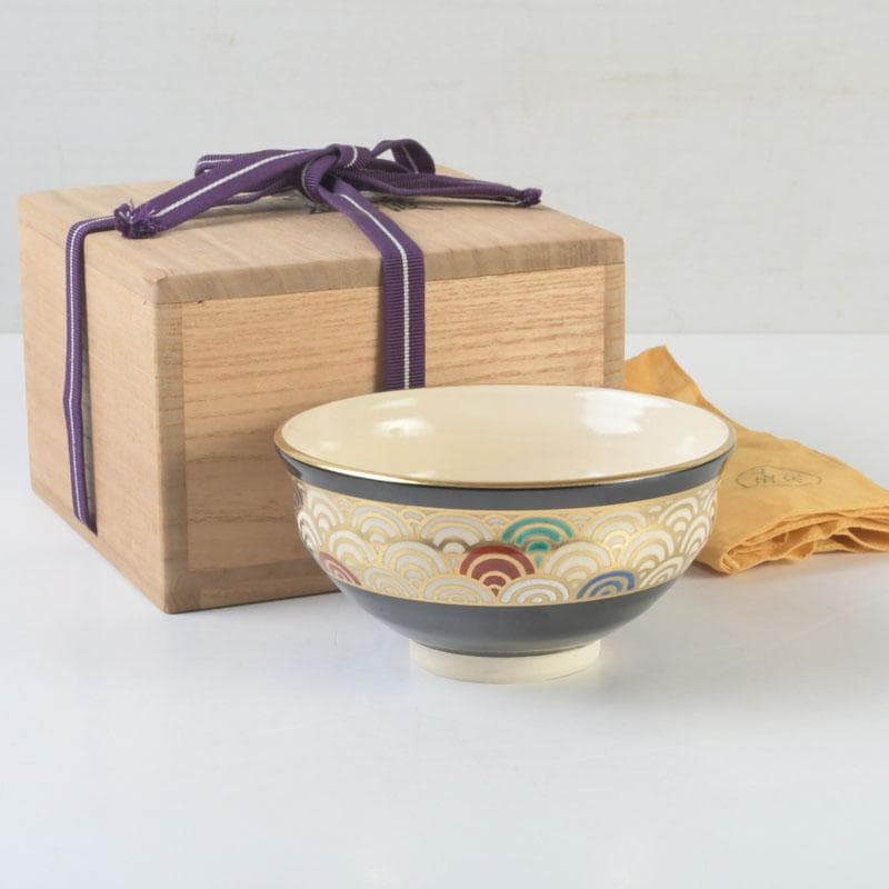 茶道具　真葛焼　宮川香斎作　黒釉　青海波文　茶碗　共箱　C　9841