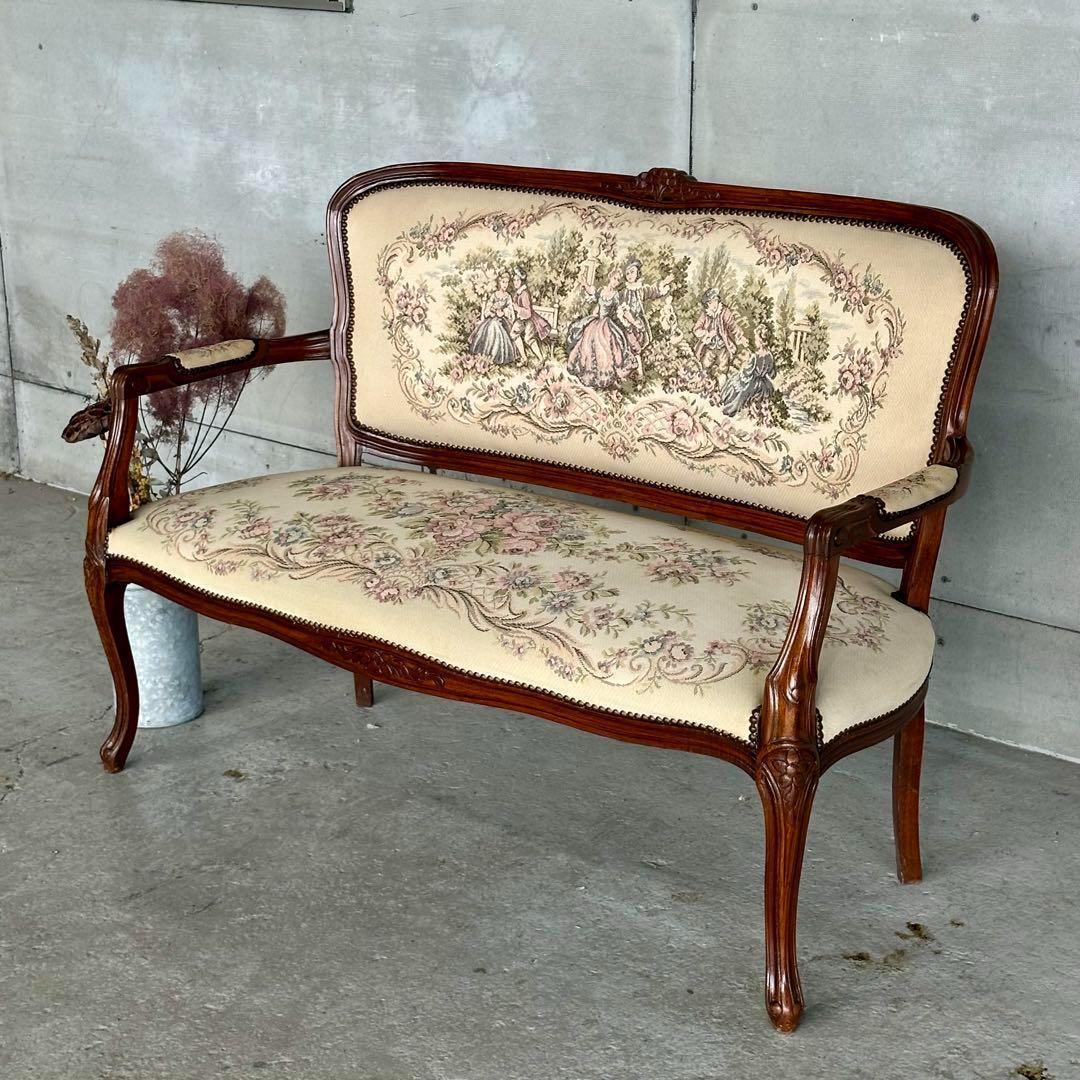 ✦王室気分✦ ロココ調アンティーク イタリア製　ゴブラン織　猫脚 ベンチソファー