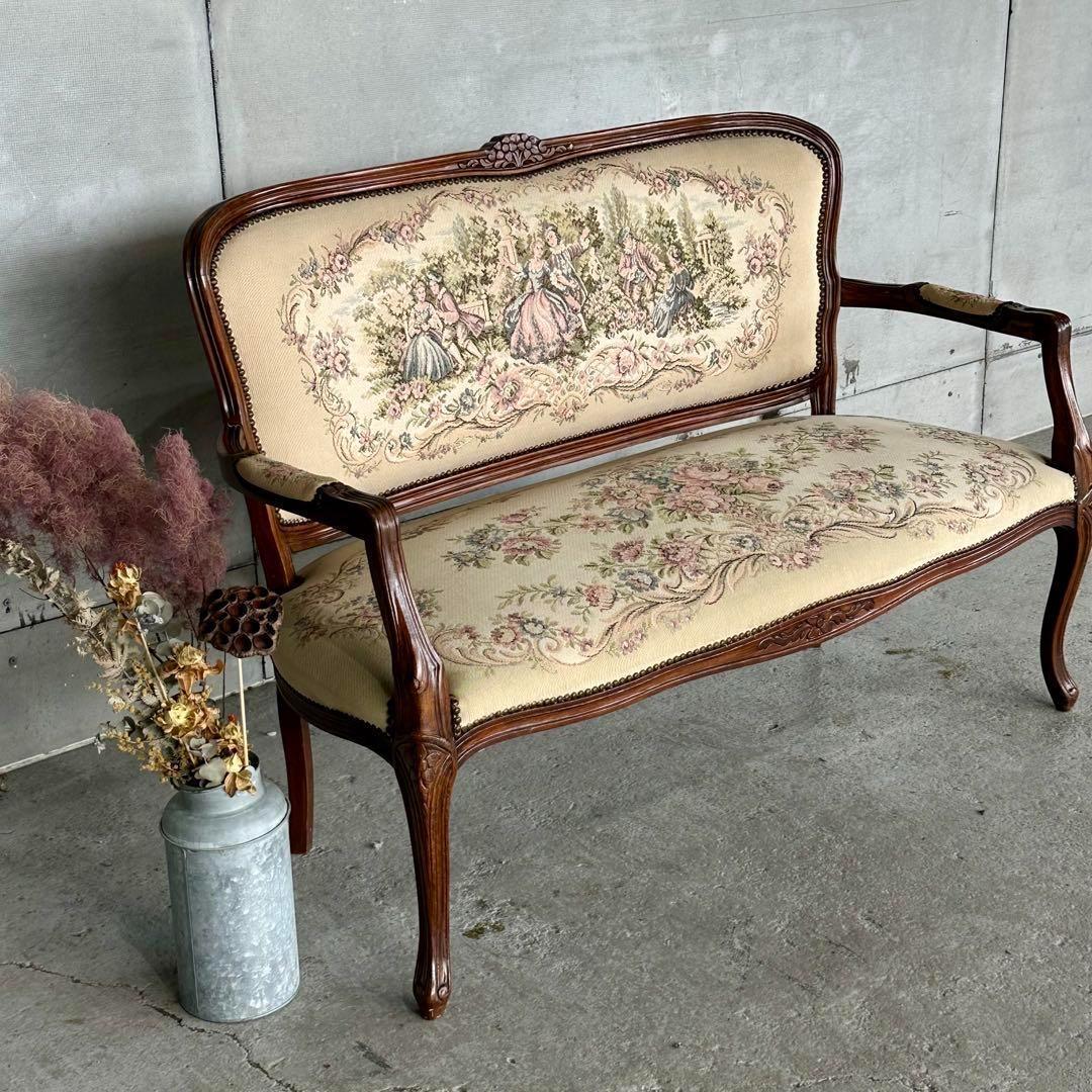 ✦王室気分✦ ロココ調アンティーク イタリア製　ゴブラン織　猫脚 ベンチソファー
