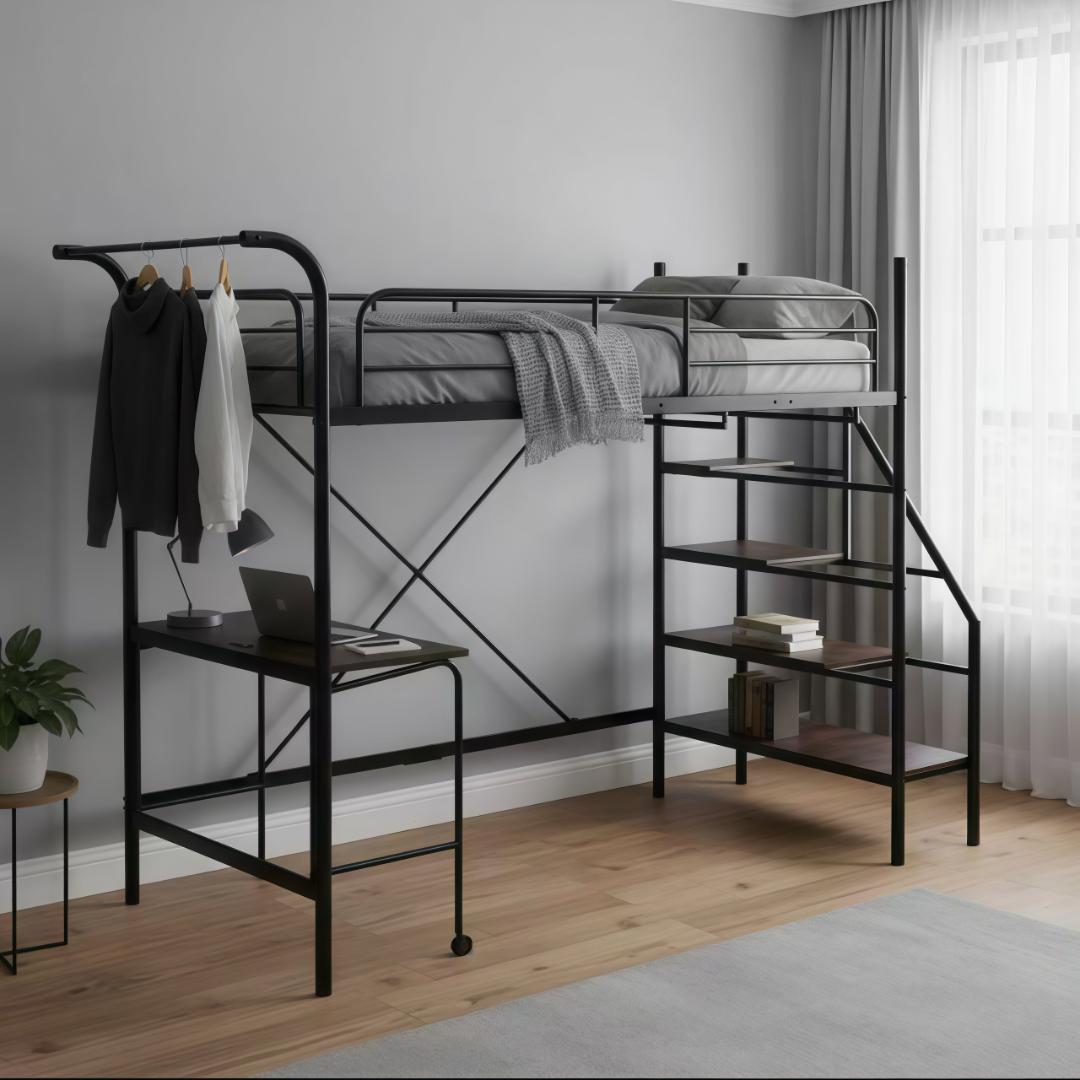 大人気✨！ロフトベッド（S）コンセント・デスク付きスチール 耐震　BLACK