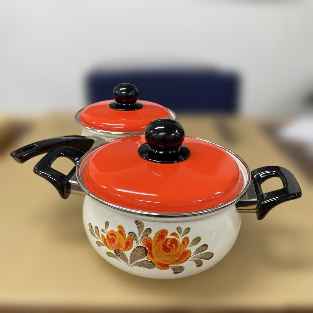 オレンジ花柄陶器鍋　2個セット　　-32