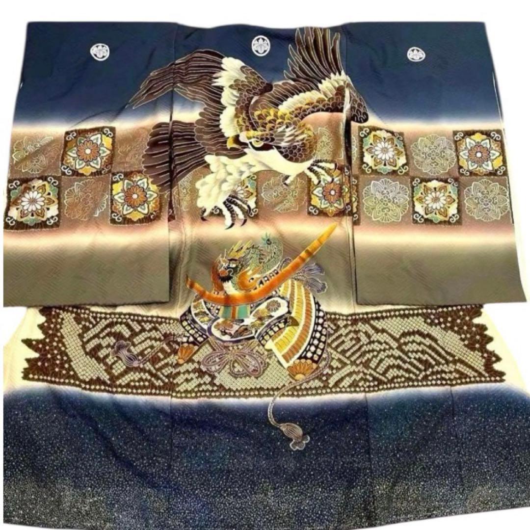 【極美品】お宮参り 産着 男の子 初着 正絹 鷹 兜 宝尽くし 濃紺 縁起
