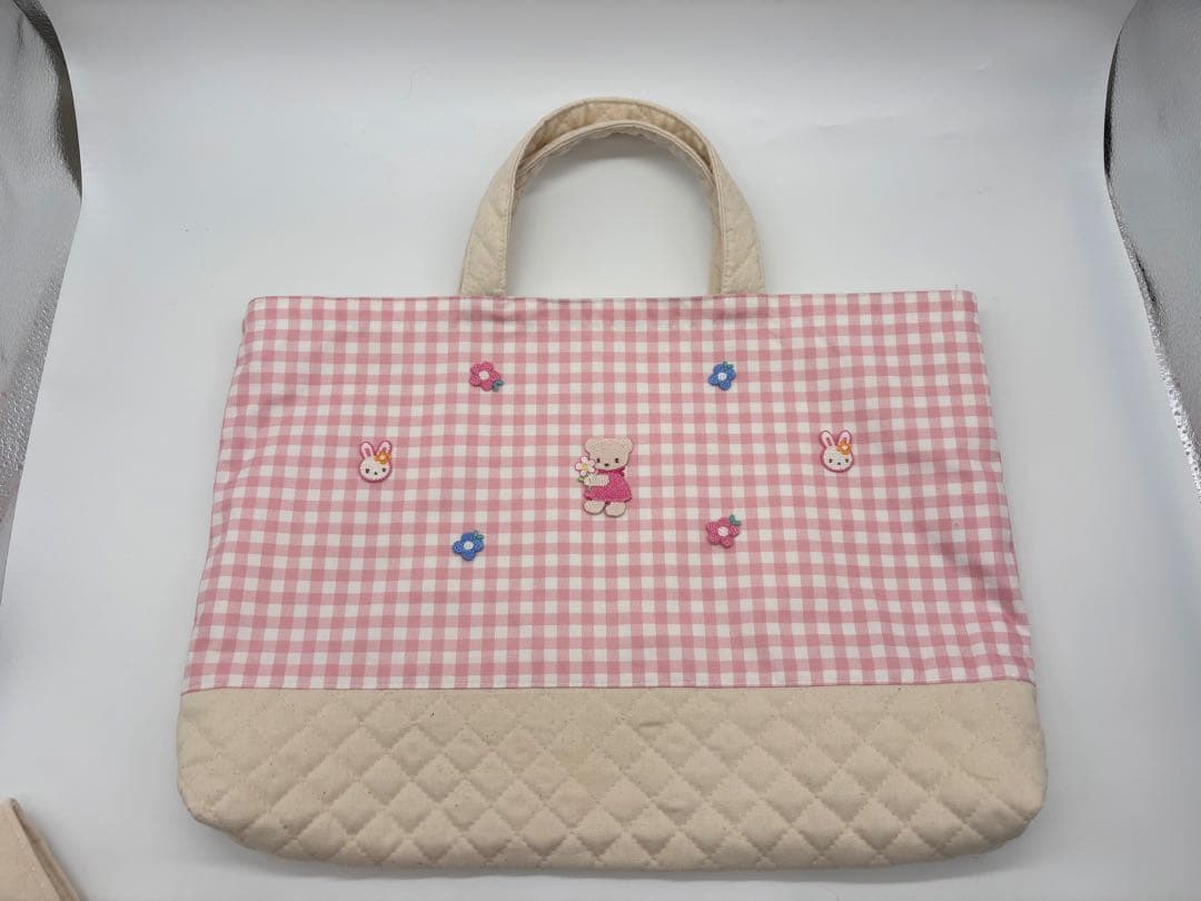 ピンク チェック 入園 レッスンバッグ 3点セット ハンドメイド ファミリア