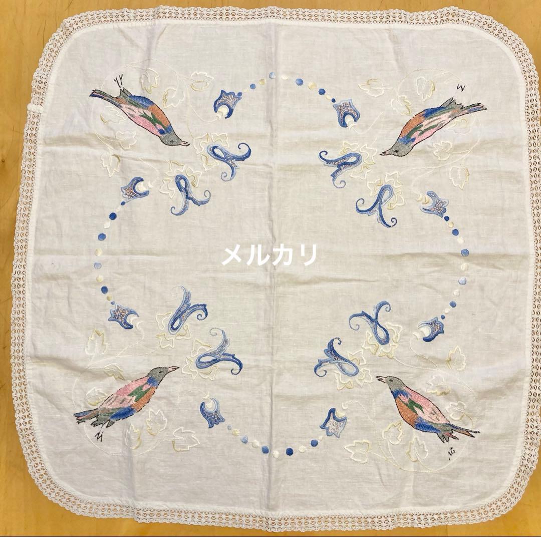 アンティーク　ヴィンテージ　テーブルクロス　刺繍　鳥　手刺繍　レース　クリスマス