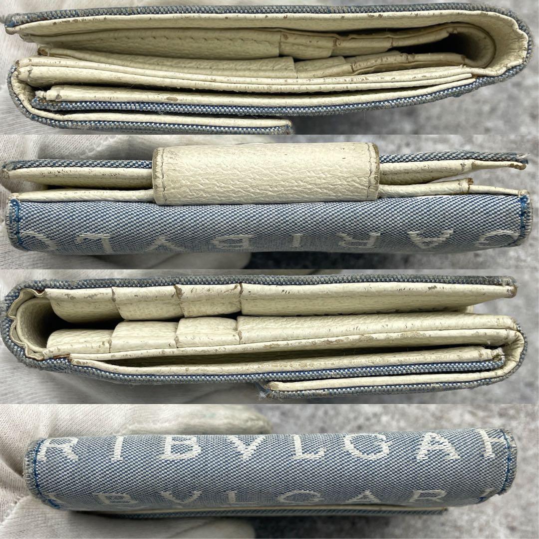 【微美品】BVLGARI ブルガリ 折り財布 総柄 ブルー レザー キャンバス