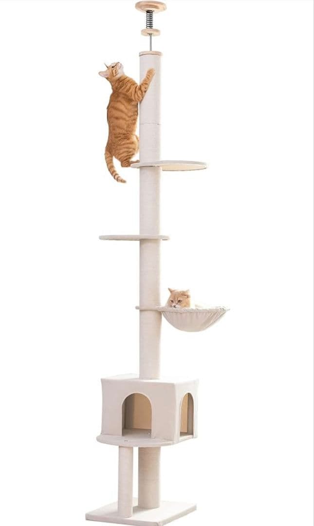 木製突っ張りキャットタワー 多頭飼い対応、ハンモック＆猫ハウス付き