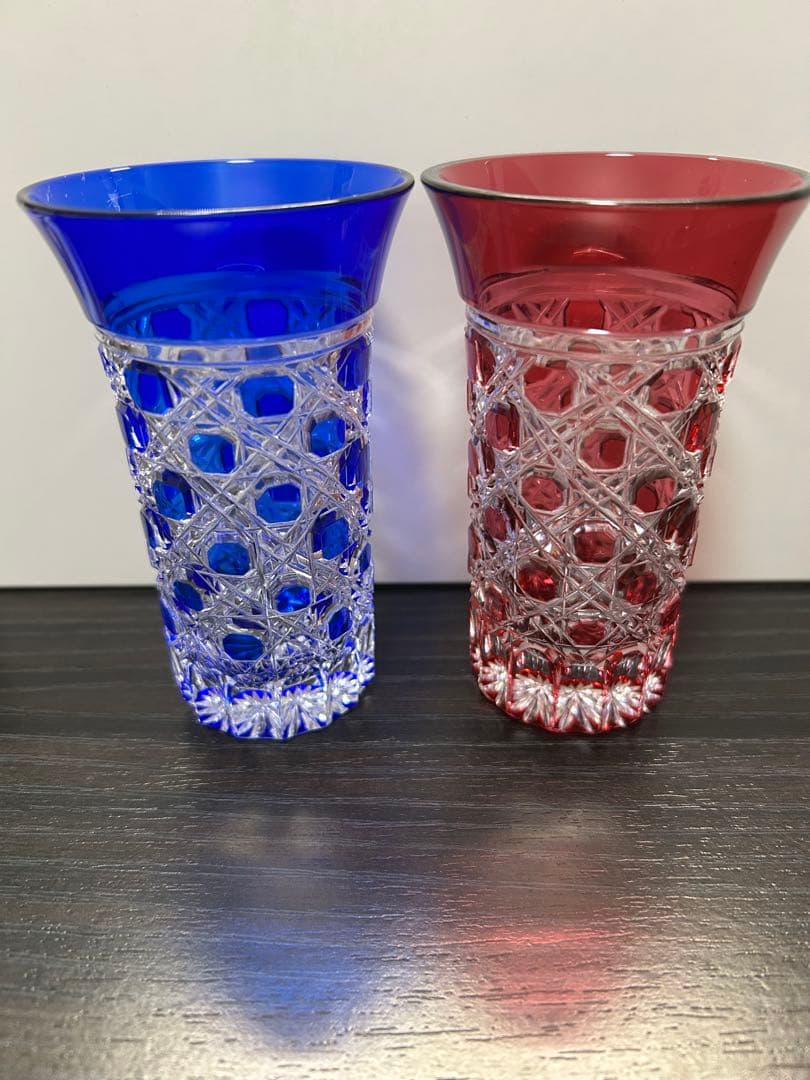 江戸切子　タンブラー　八角籠目　セット（瑠璃、赤）