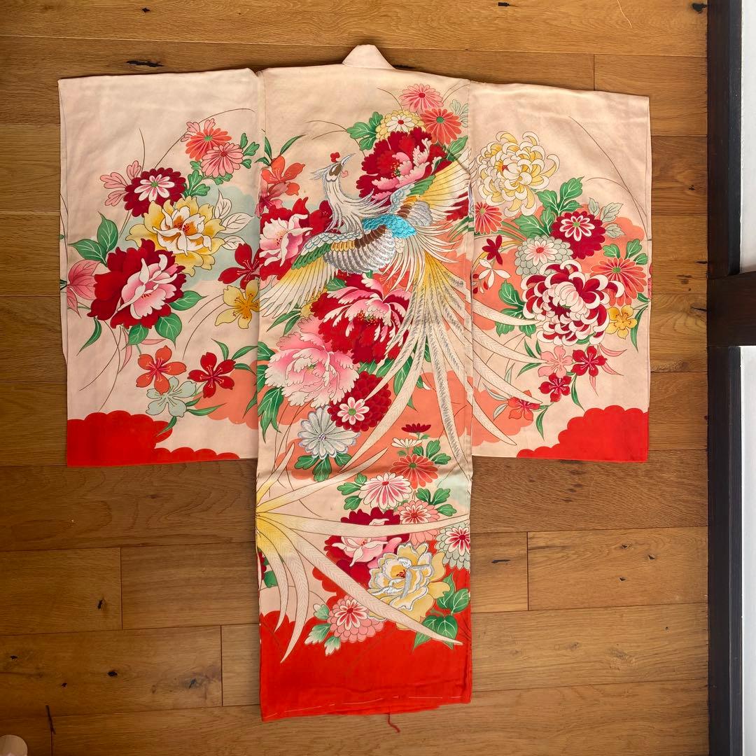 アンティーク　七五三　正月　子供用 花柄 鳳凰刺繍 着物