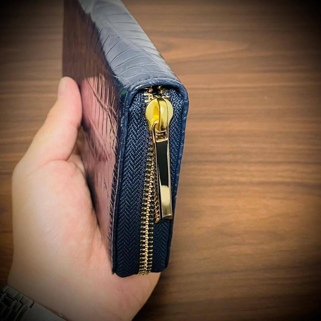 クロコダイル 長財布 大容量 カード１５枚 ワニ革 一枚革 証明付 ネイビー 紺