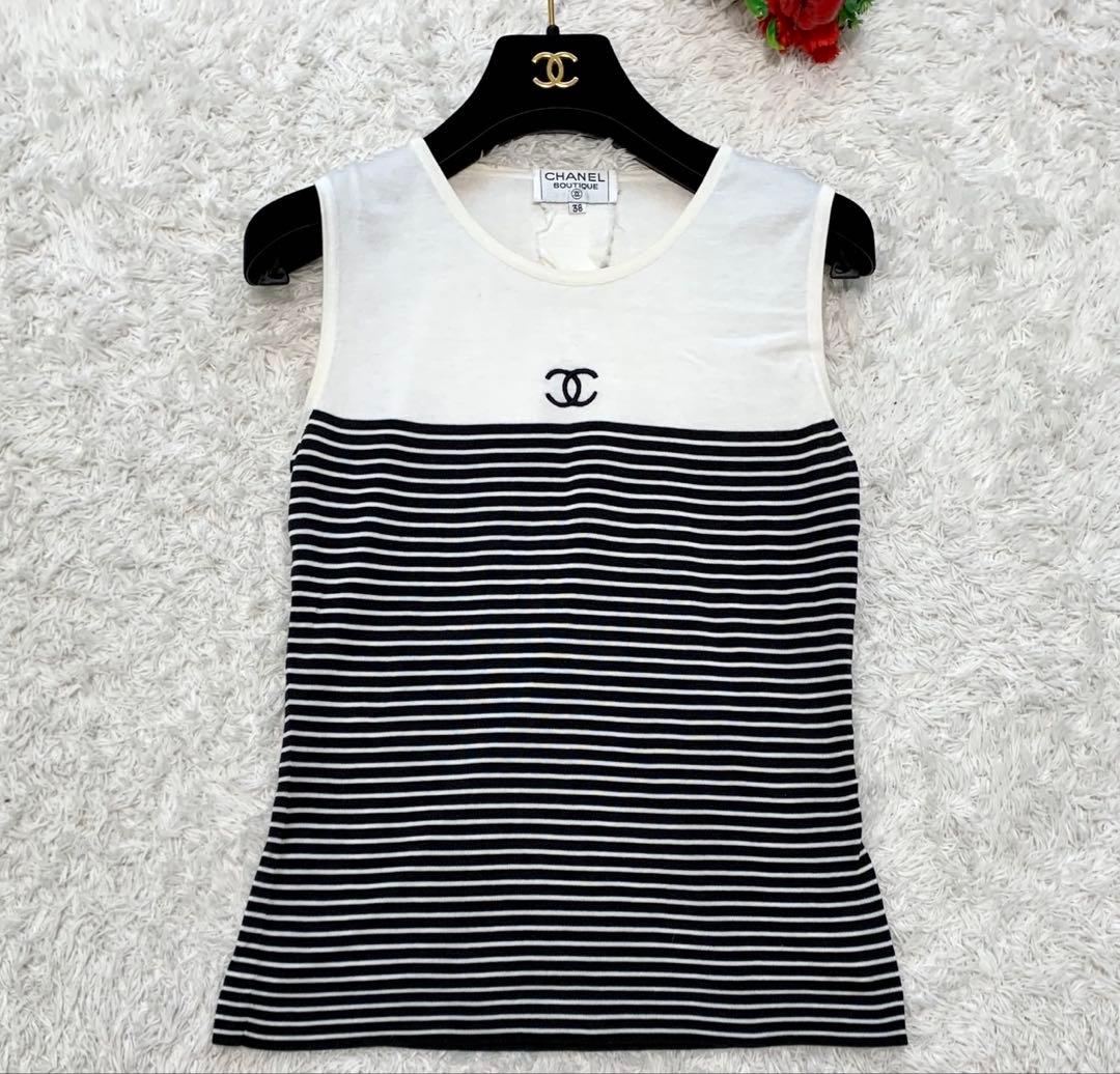 ［美品］CHANEL ココマーク刺繍　タンクトップ　ボーダー 38 ヴィンテージ