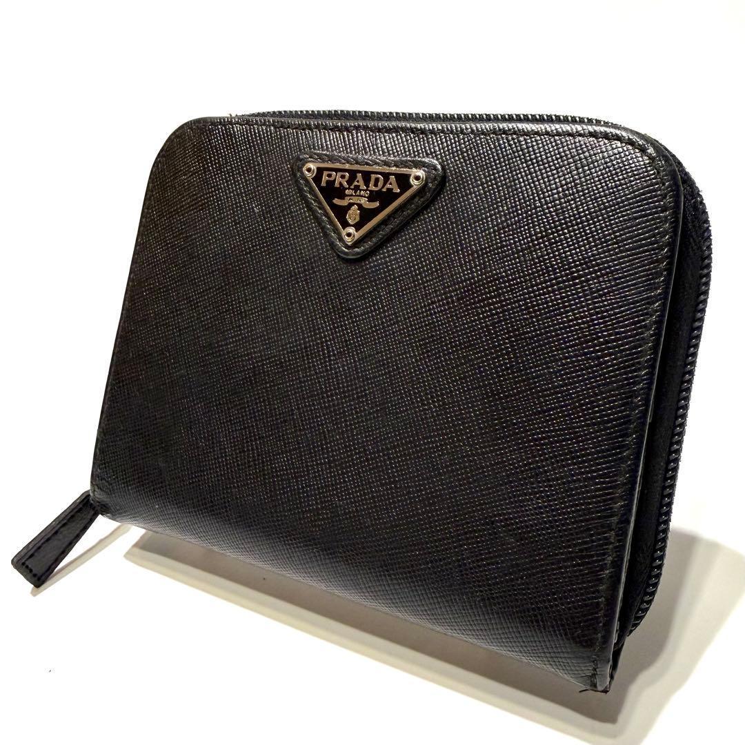 PRADA 二つ折り財布 コンパクトウォレット サフィアーノレザー 三角ロゴ 黒