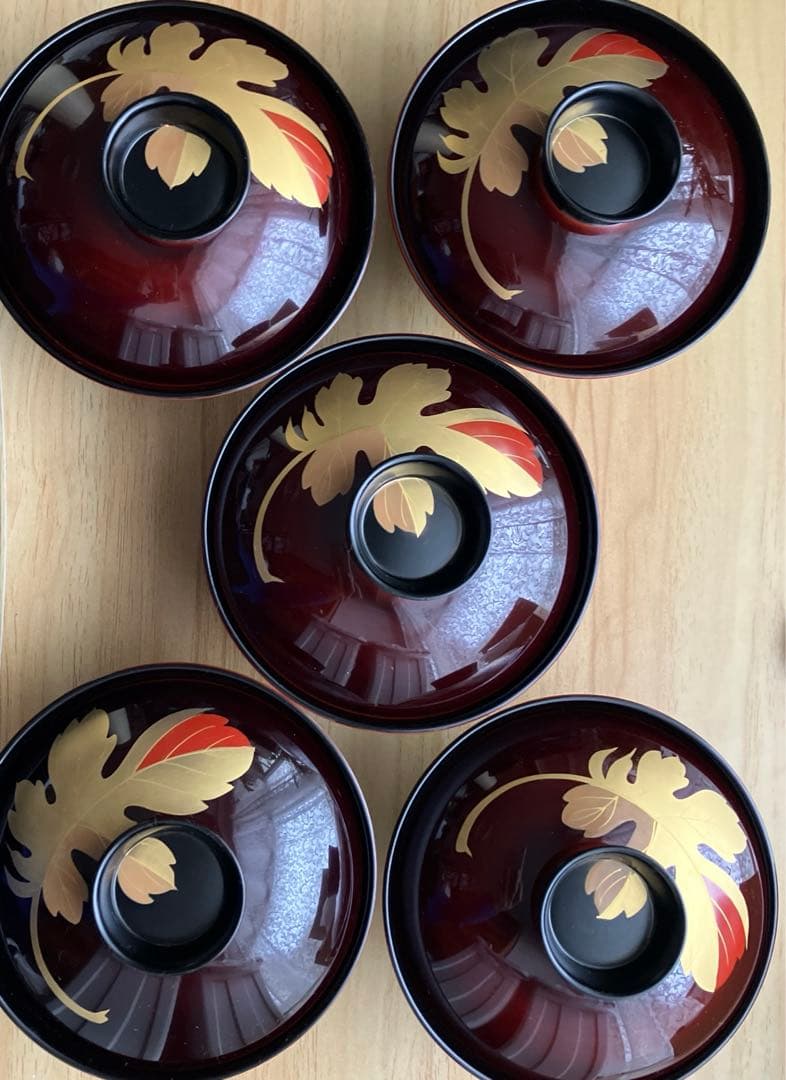 河和田塗　御吸物椀　溜塗　菊の葉　5客入り　箱入り