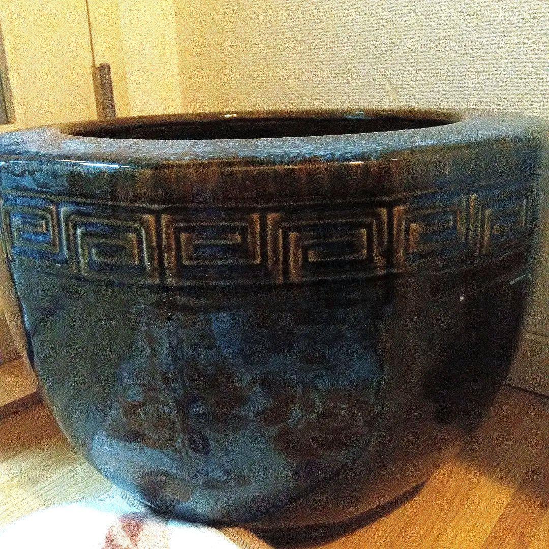 幾何学模様の青茶火鉢★水鉢★金魚鉢等用途多彩
