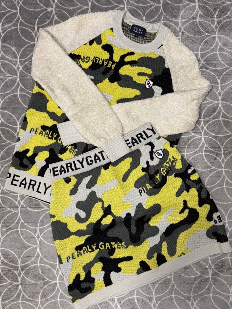 （超美品）パーリーゲイツ、迷彩柄シリーズ、異素材ニット、セットアップ、サイズ0