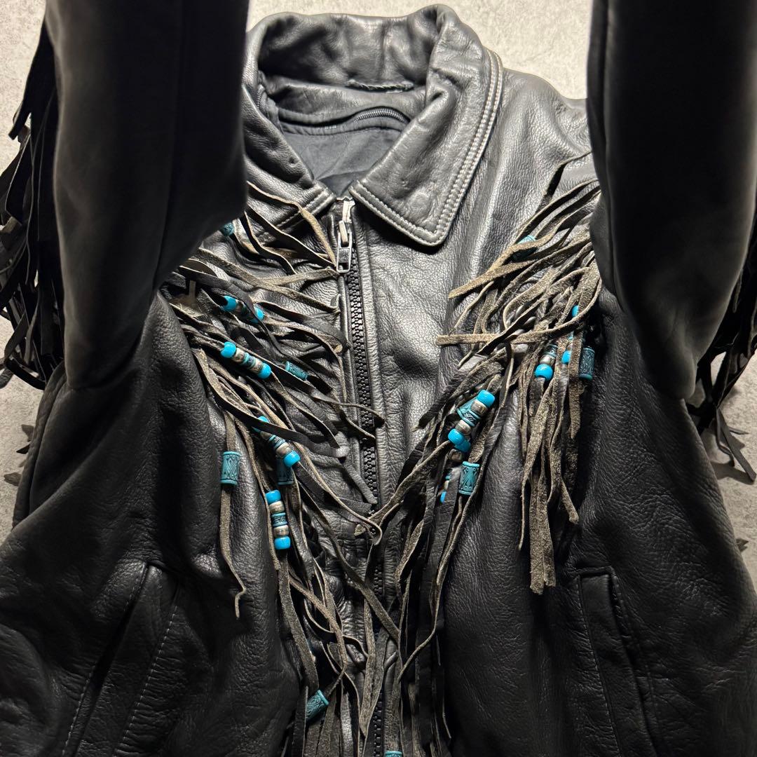 【希少】ライダースジャケット　L フリンジ　ギミック　ペイント　コンチョ　レザー