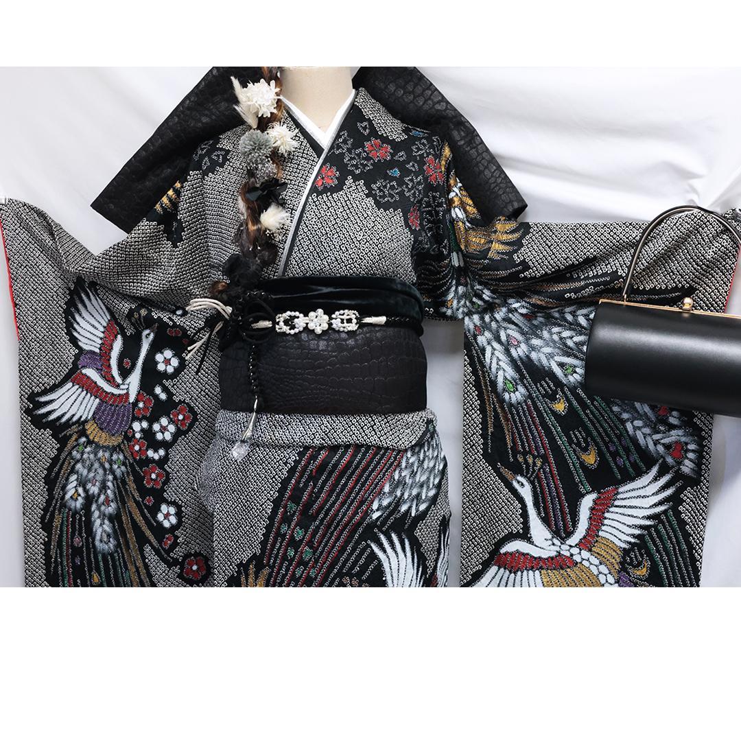 極美品！希少◆ 振袖6点セット ◆丈159cmフルセット総絞り黒ブラック53Bw