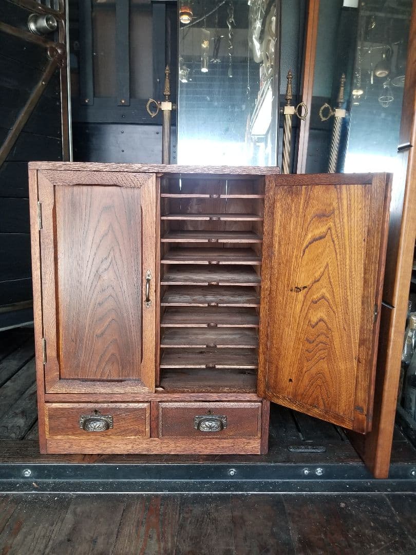 希少　大正　モダン　欅　無垢　アンティーク　レター　ラック　書類　小物入れ　鍵付