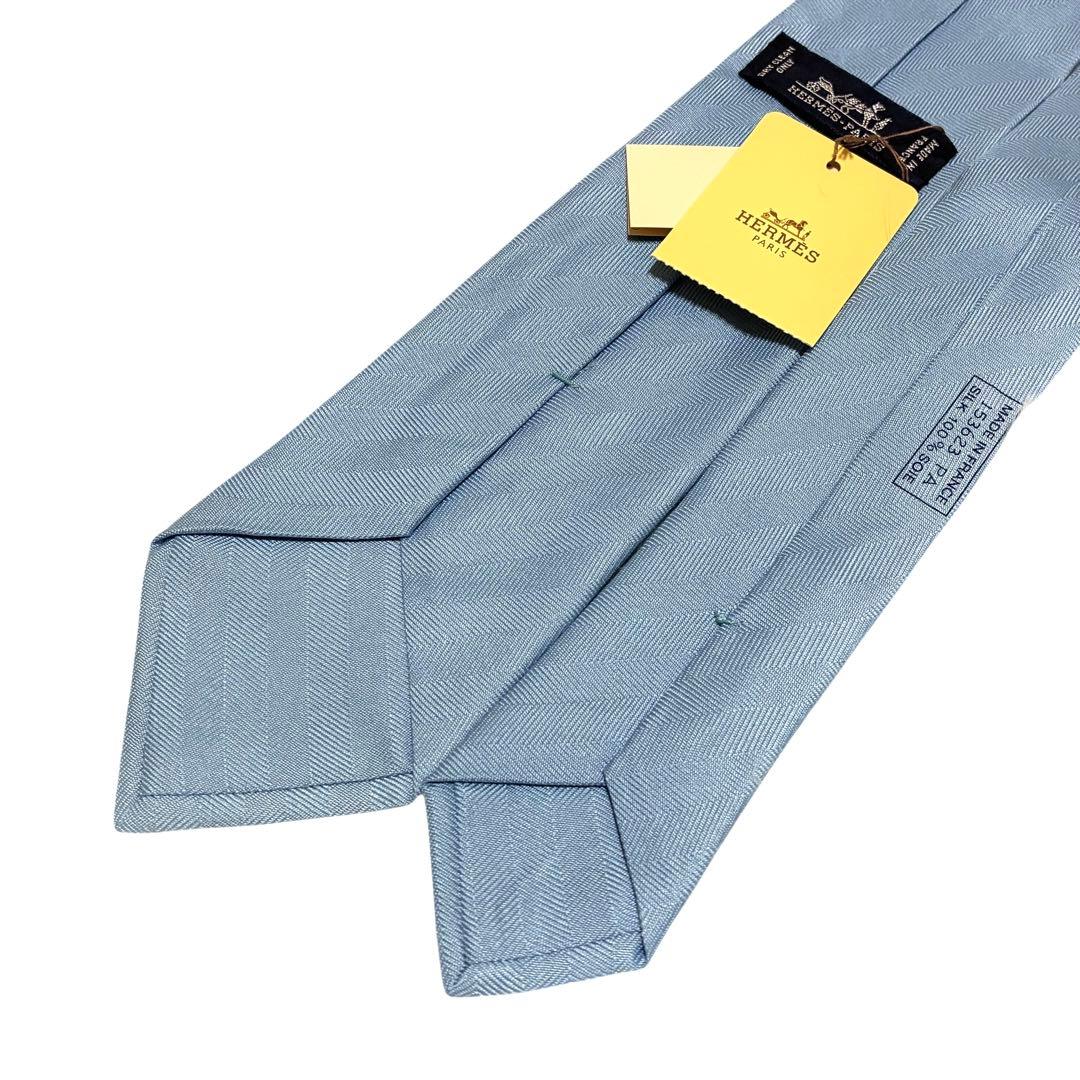 未使用 タグ 箱付 HERMES ストライプ ネクタイ 水色 ライトブルー