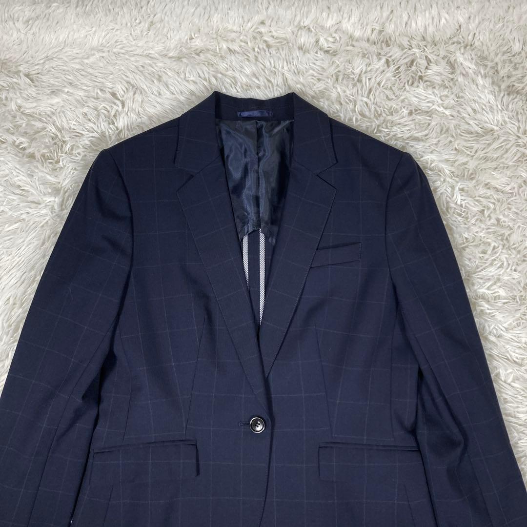 極美品スーツセレクト　3点セットアップスーツ　ネイビー　チェック　ウォッシャブル