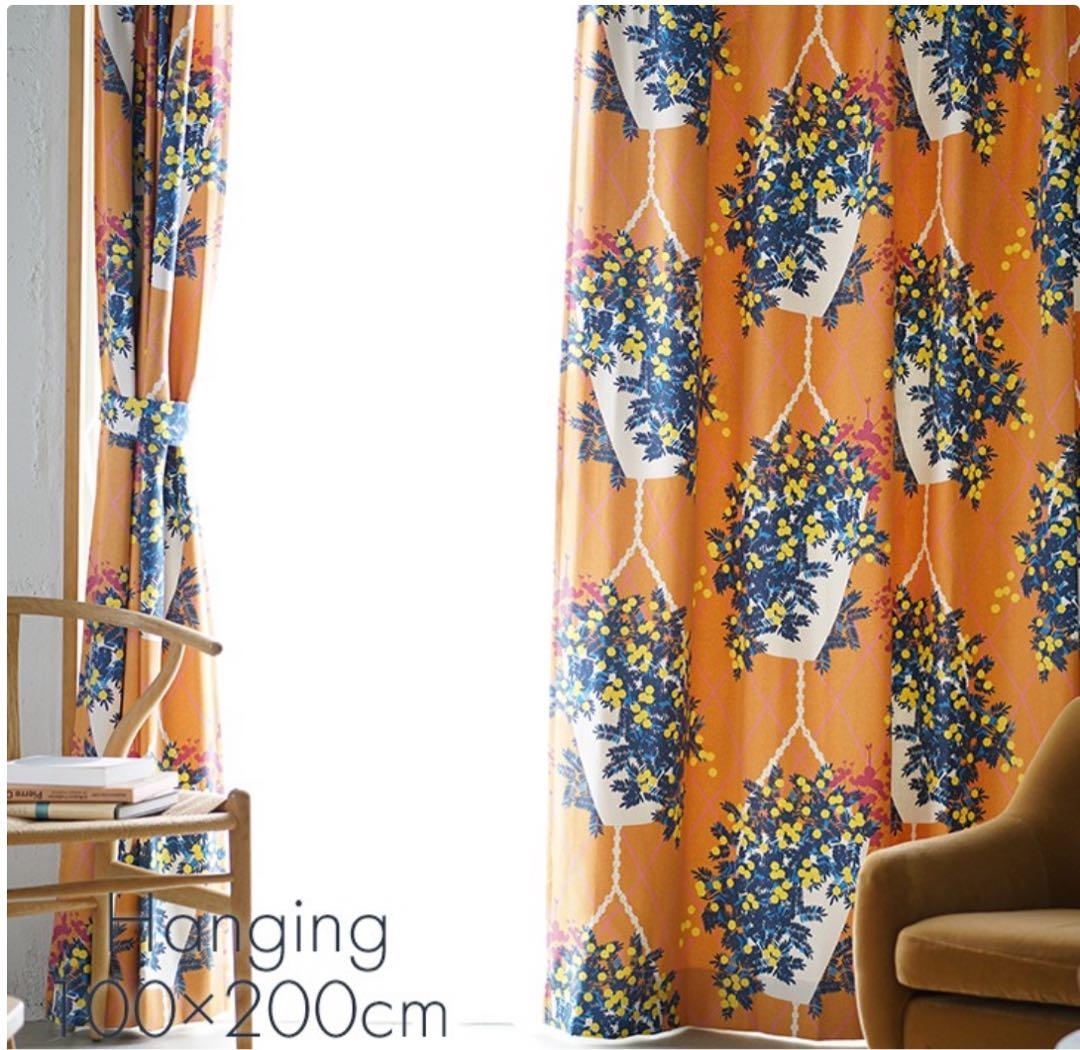4枚セット！北欧カーテン！オレンジ 花柄 ドレープカーテン 100×200cm