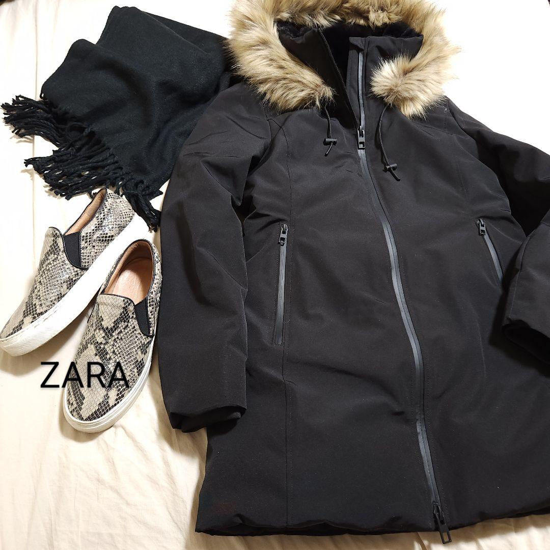 ZARA 中綿ポリエステルダウンジャケットコート 撥水 ブラック 海外Ｍ