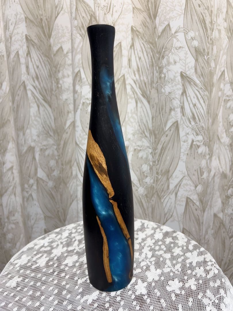 天然胡桃の木とレジン（樹脂）融合美、木製アートお茶盤プレートと花瓶3点セット